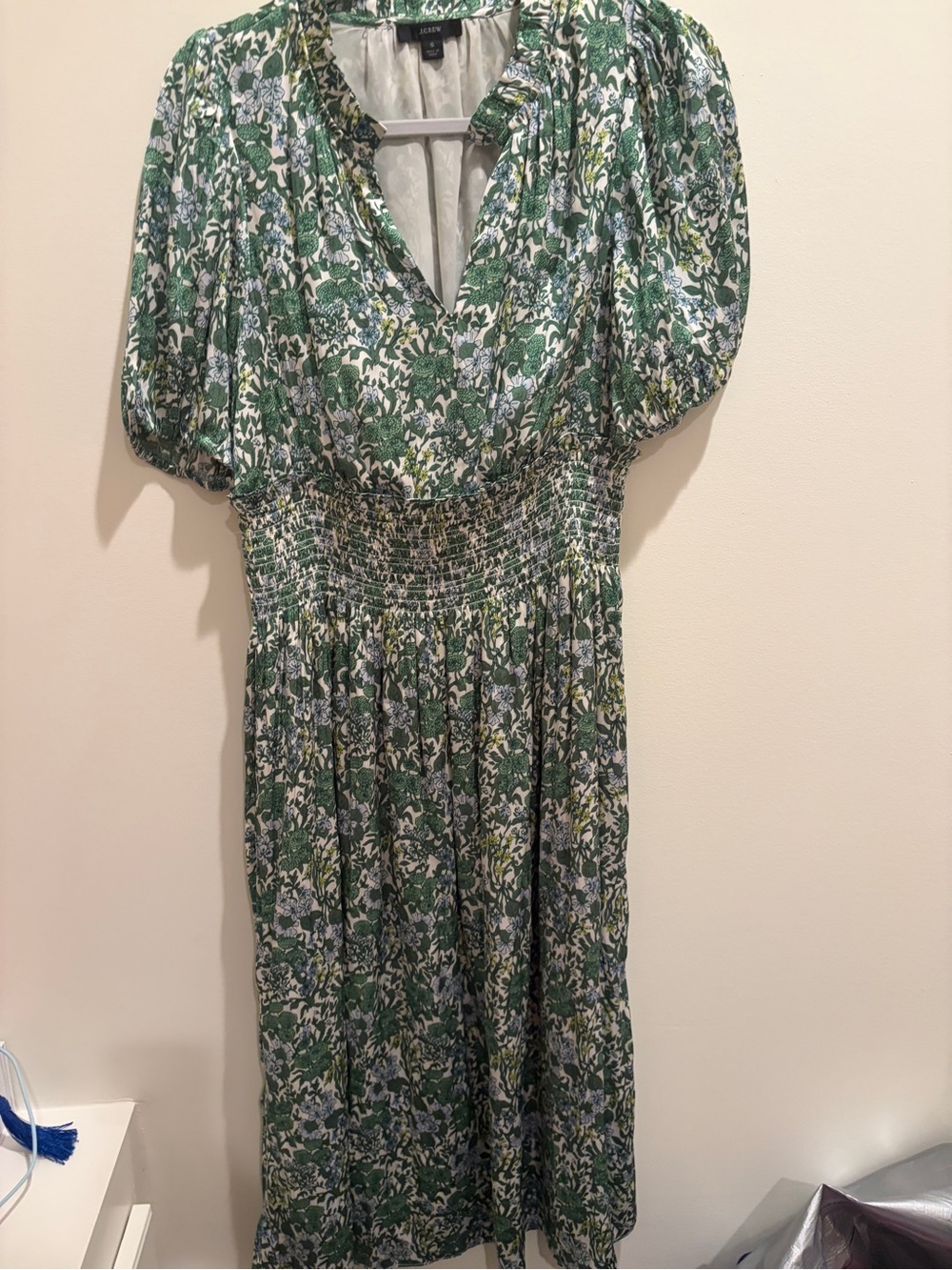 J. Crew Green Floral V-Neck Smocked-Waist Maxi Dress